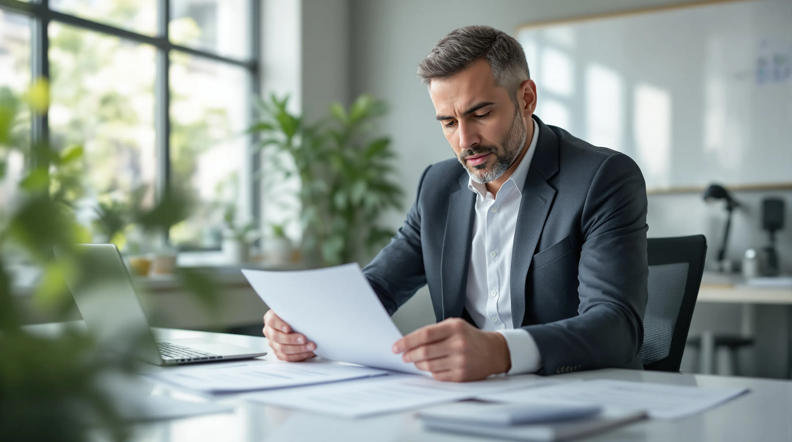Business owner reviewing valuation documents at a desk, representing the financial impact of owner dependency on a business sale