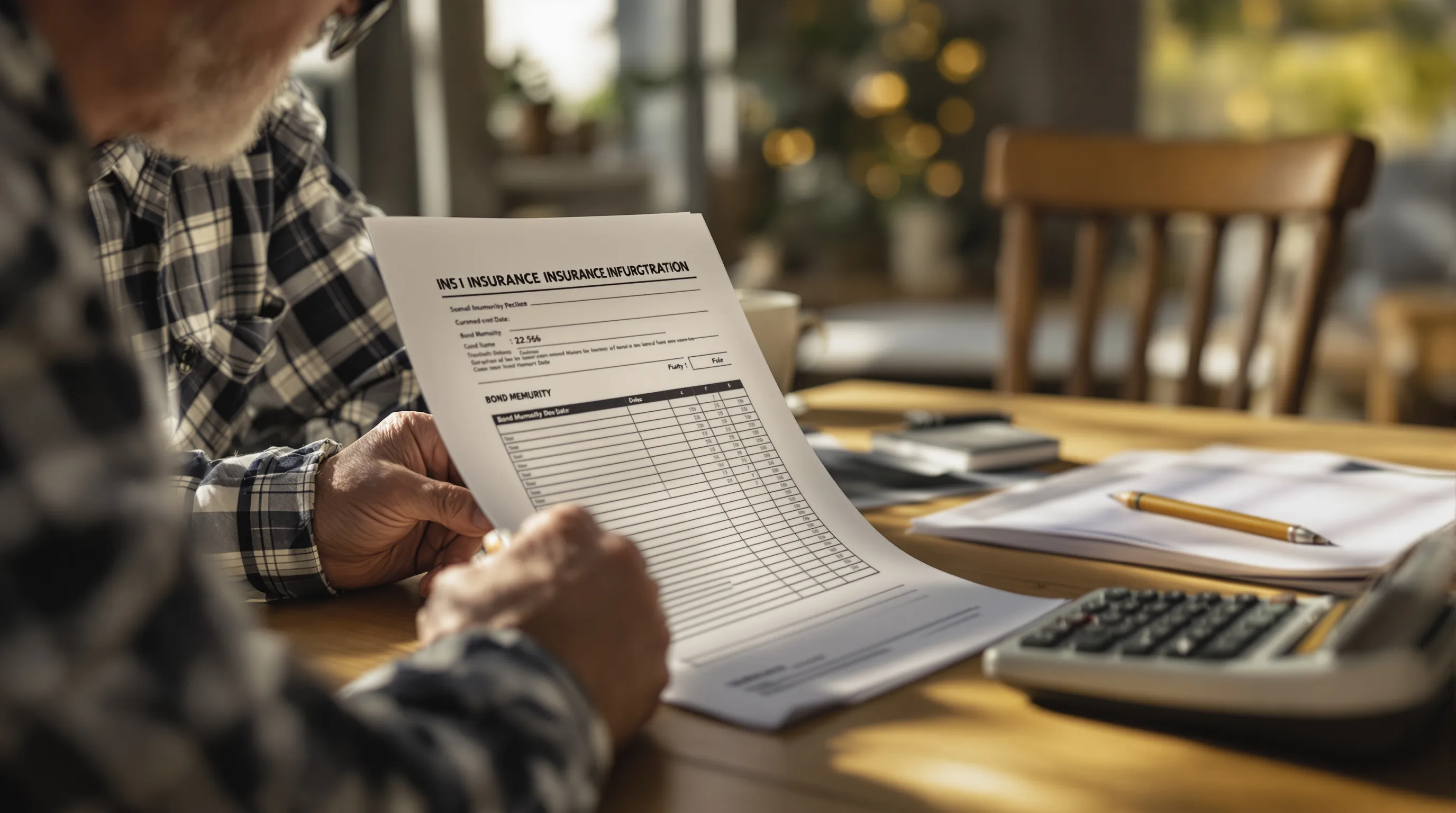 A retired business owner at a kitchen table comparing a thick annuity illustration packet with a one-page bond maturity schedule