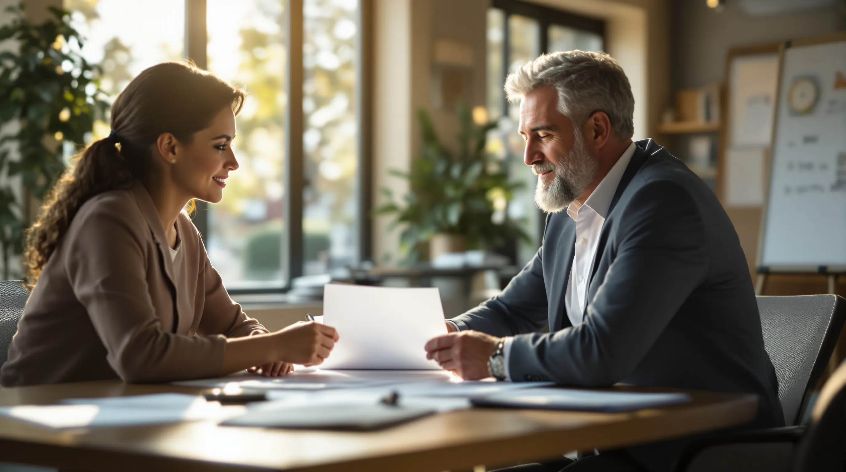 Business owner and successor reviewing exit planning documents together